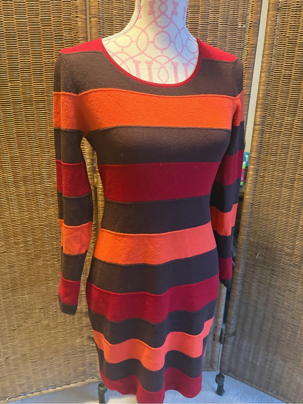 Milly 100% wool Striped Long Sleeve Knit Dress in Red, Orange and Brown